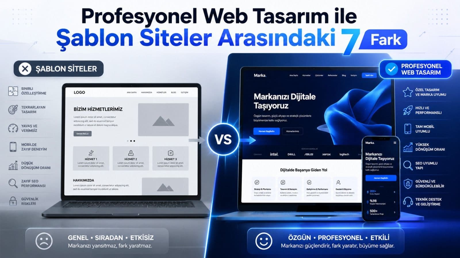 Profesyonel web tasarım ile şablon siteler arasındaki farkları anlatan Bisasoft blog kapak görseli