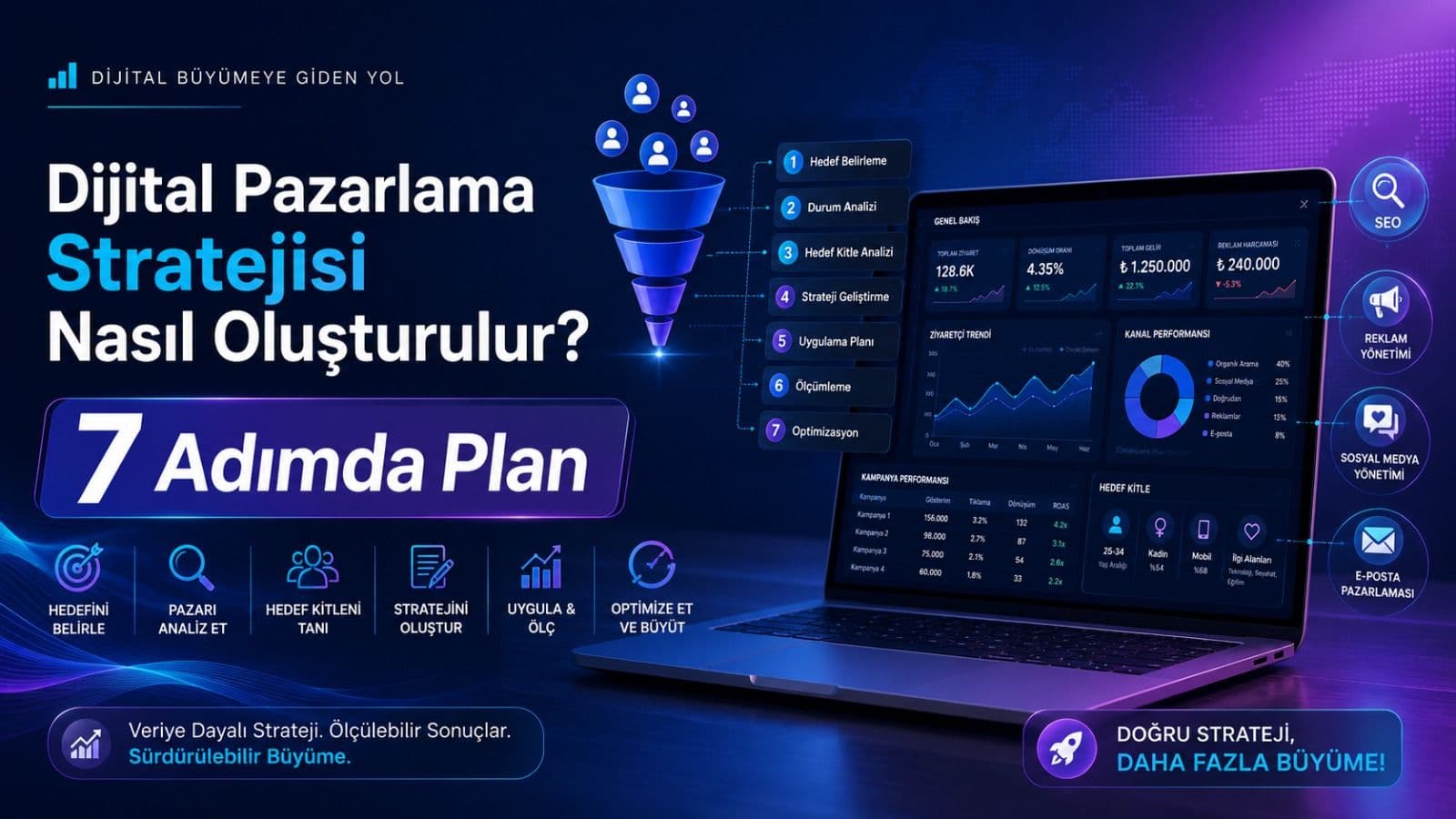 Dijital pazarlama stratejisi nasıl oluşturulur konulu 7 adımda plan blog kapak görseli